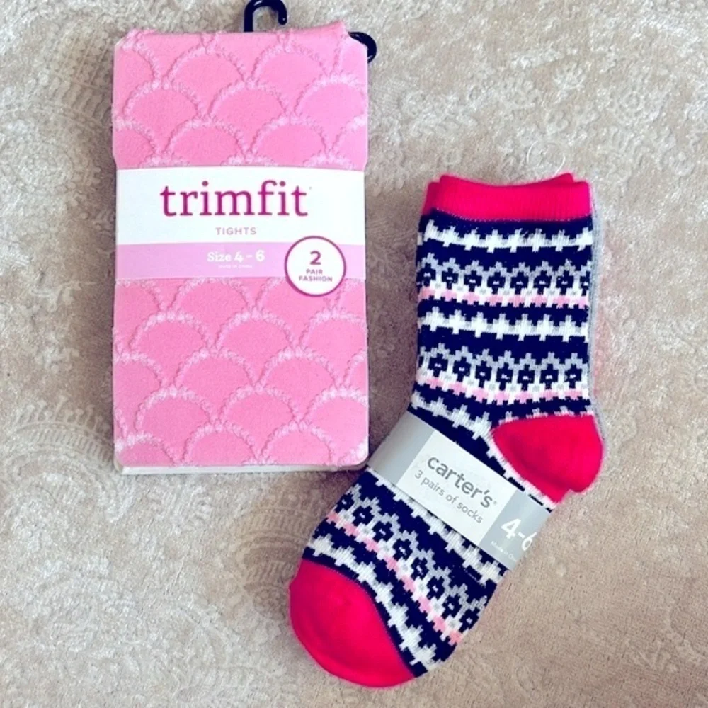 Brand New Girls 3-Pack Carter’s Crew Socks & Trimfit 2-Pack Tights Pink & Cream